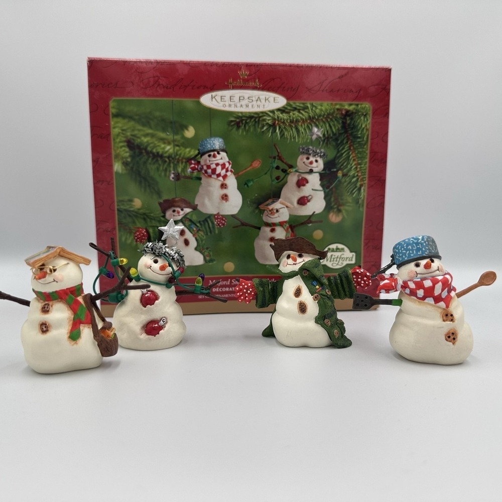 Hallmark 2001‎ Mitford Snowman Jubilee Christmas Ornament Set 4 Box Dated QX2825